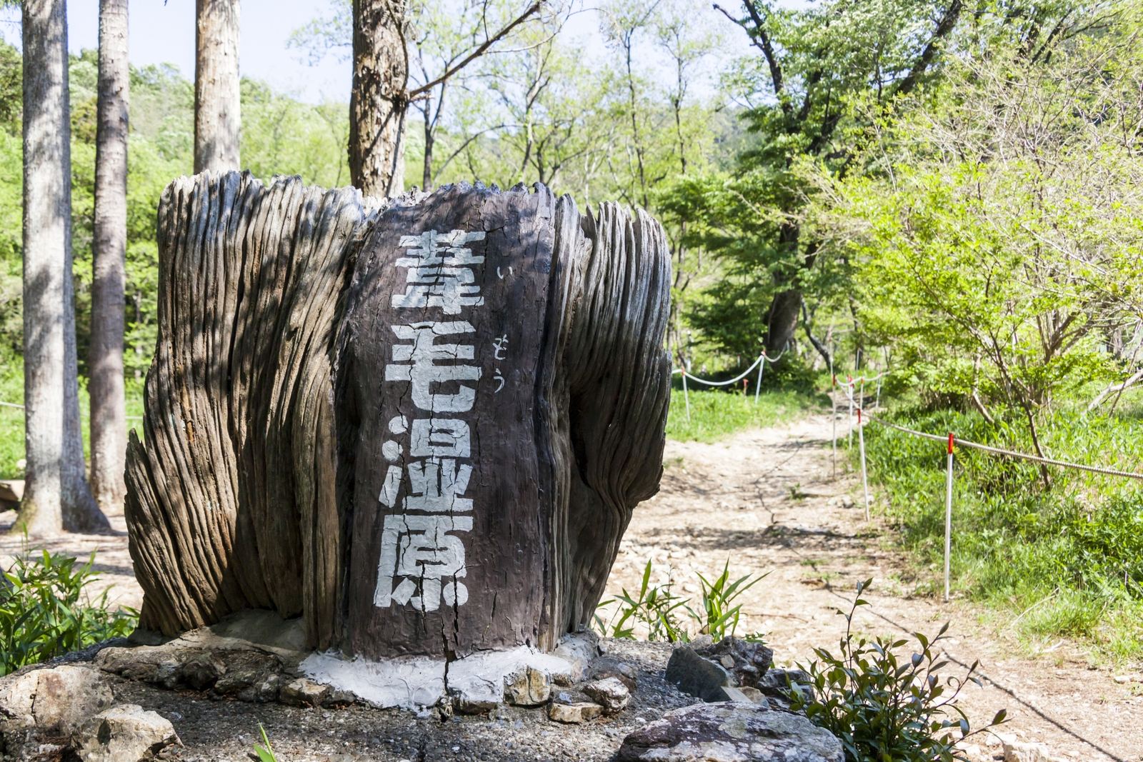 入口に立つ、風化した木の標柱。白い文字で「葦毛湿原」と記されています。